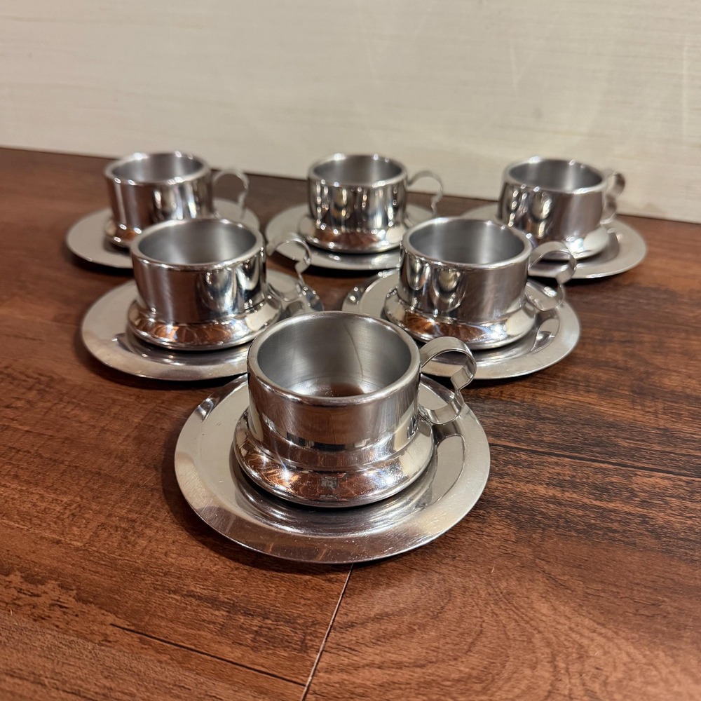 6 VTG Italian Stainless Steel Espresso Cups Saucers ALPU Inox 18/10 Double Wall